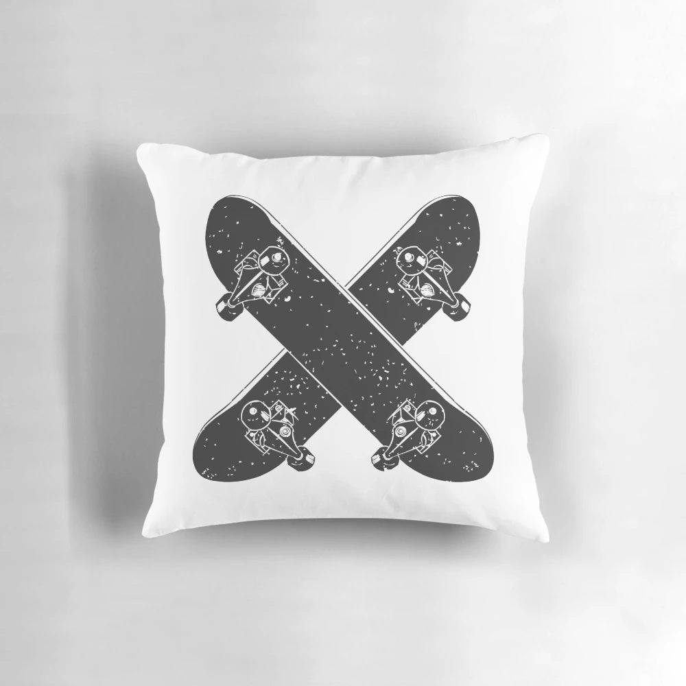Skateboard-inspired graphic pillow with hand-drawn design