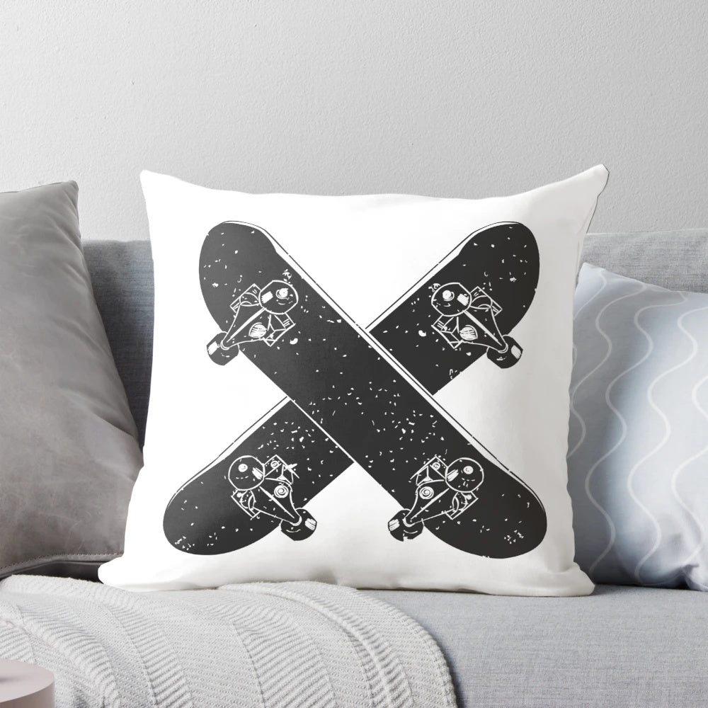 Skateboard-inspired graphic pillow with hand-drawn design