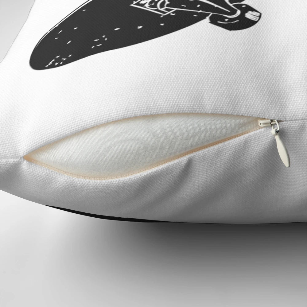 Skateboard-inspired graphic pillow with hand-drawn design
