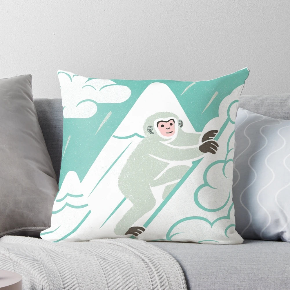 Vibrant pop art-inspired pillow featuring a snow monkey mountain climber design