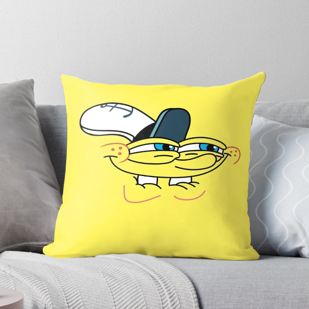 Spongebob-themed pillow with a smirk face design