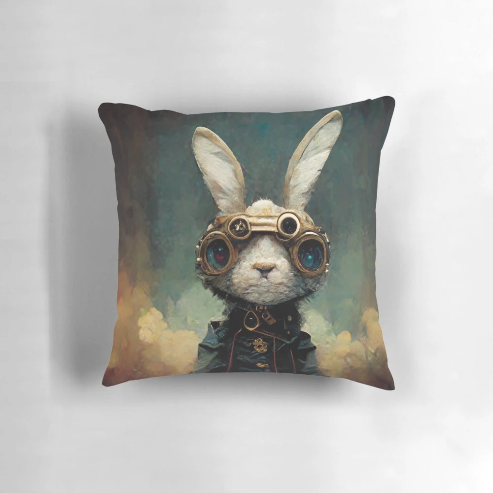 Steampunk-inspired rabbit pillow with gears and mechanical details