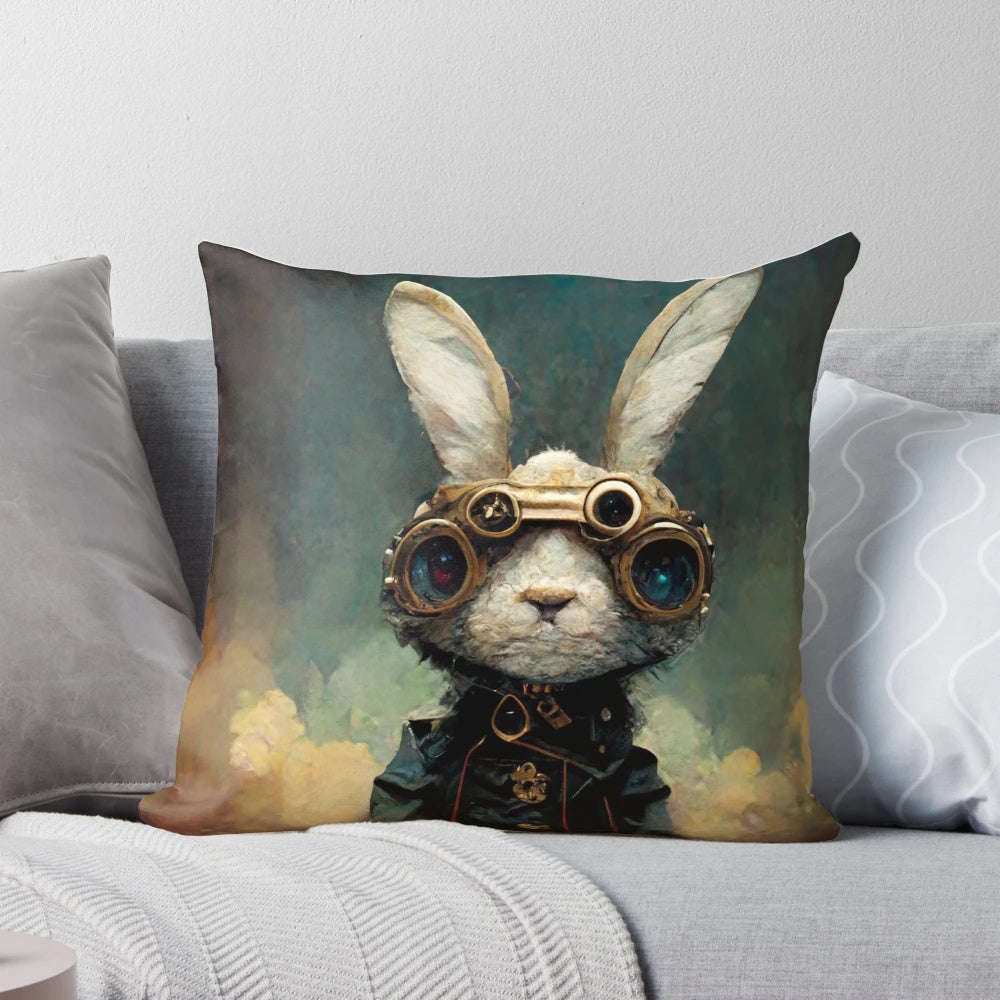 Steampunk-inspired rabbit pillow with gears and mechanical details