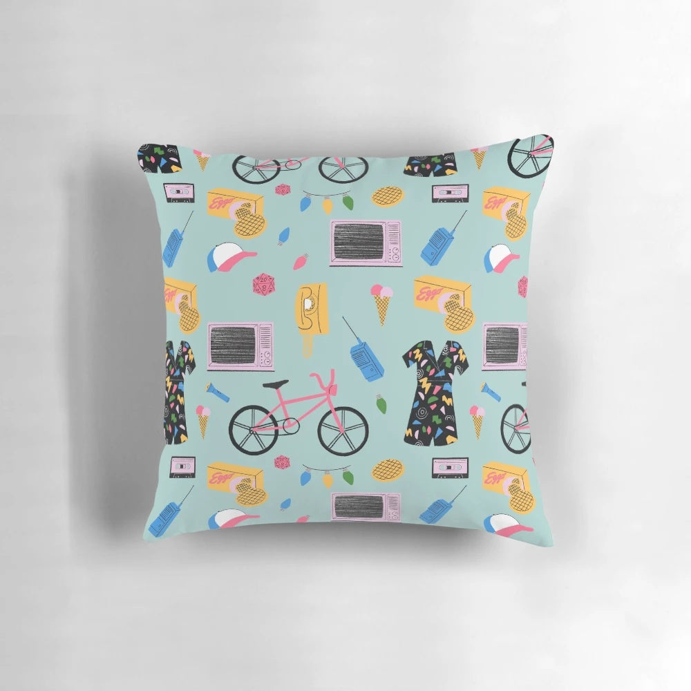 Colorful Stranger Things-inspired throw pillow with abstract pattern