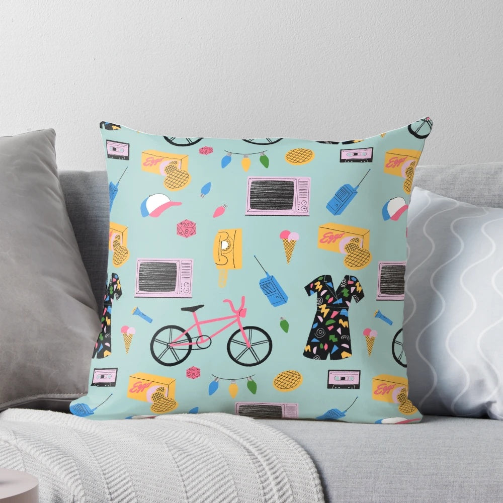 Colorful Stranger Things-inspired throw pillow with abstract pattern