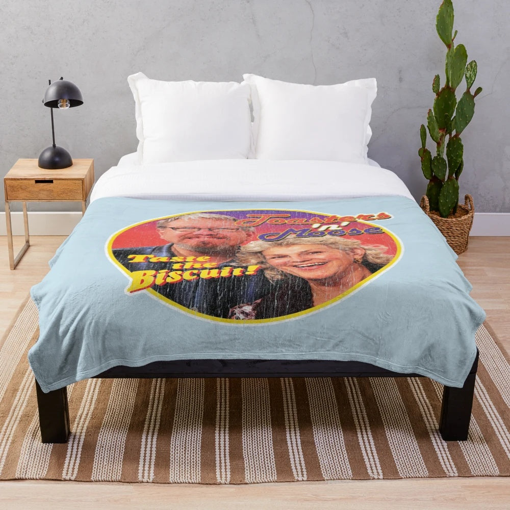 Toasters 'n' Moose inspired plush blanket with retro, humorous design