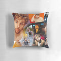 A decorative pillow featuring an artistic collage design of British singer-songwriter Tom Grennan.
