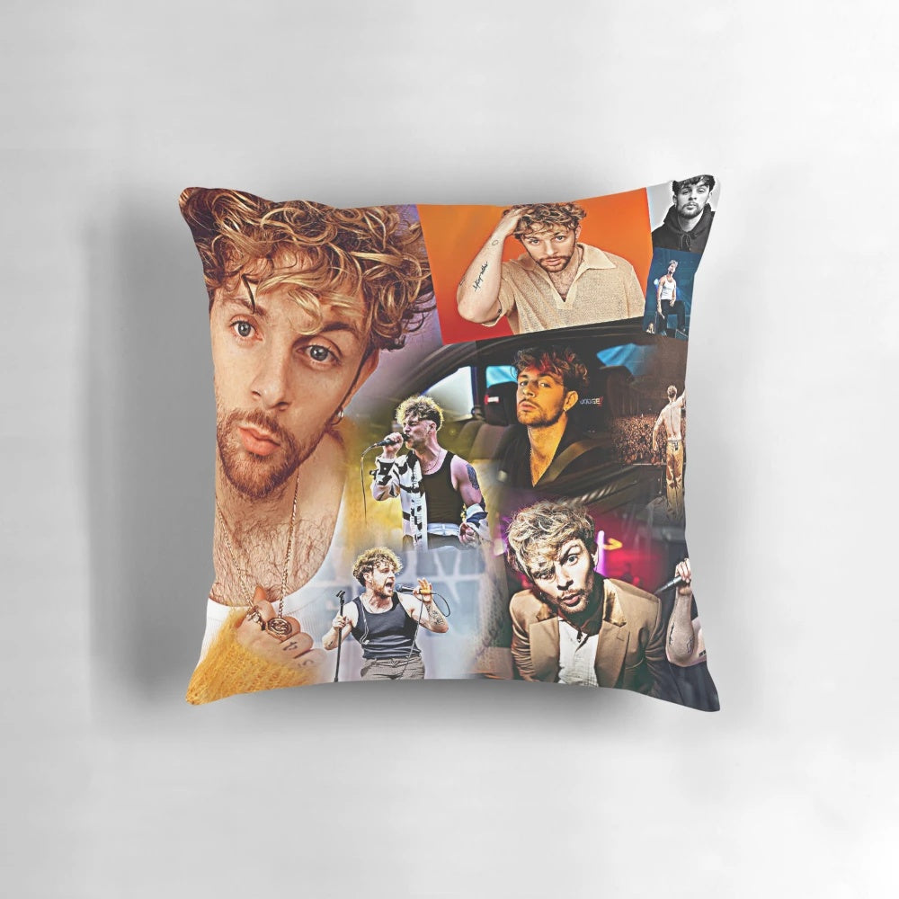 A decorative pillow featuring an artistic collage design of British singer-songwriter Tom Grennan.