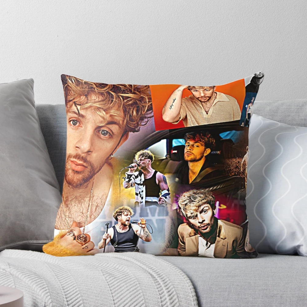 A decorative pillow featuring an artistic collage design of British singer-songwriter Tom Grennan.