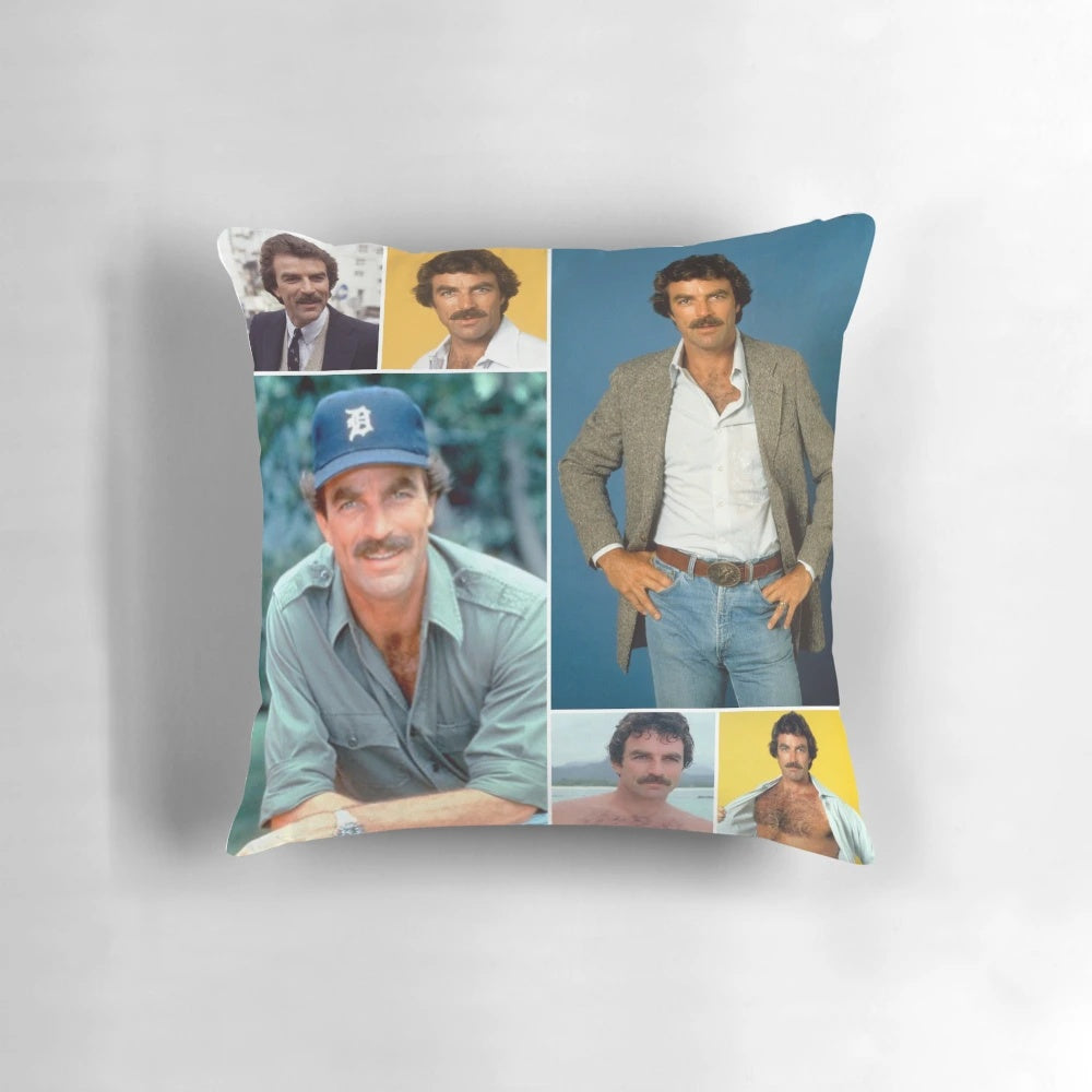 Collage-style pillow featuring the iconic actor Tom Selleck