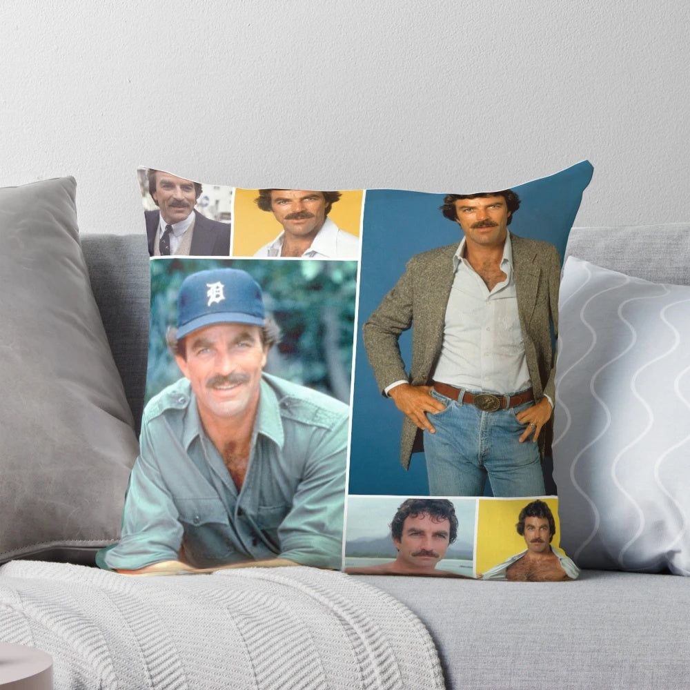 Collage-style pillow featuring the iconic actor Tom Selleck