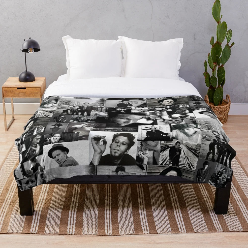 Tom Waits inspired plush blanket with photo collage design