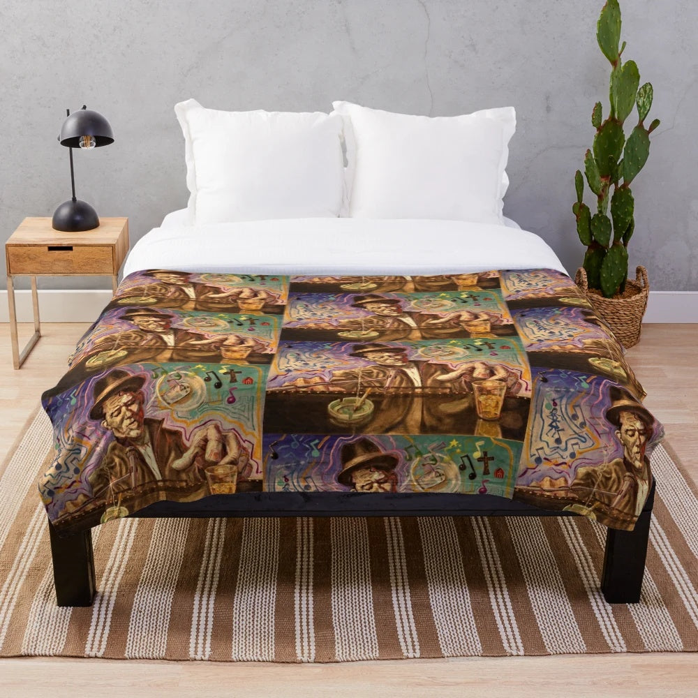 Tom Waits inspired plush blanket with musical notes and bullhorn design