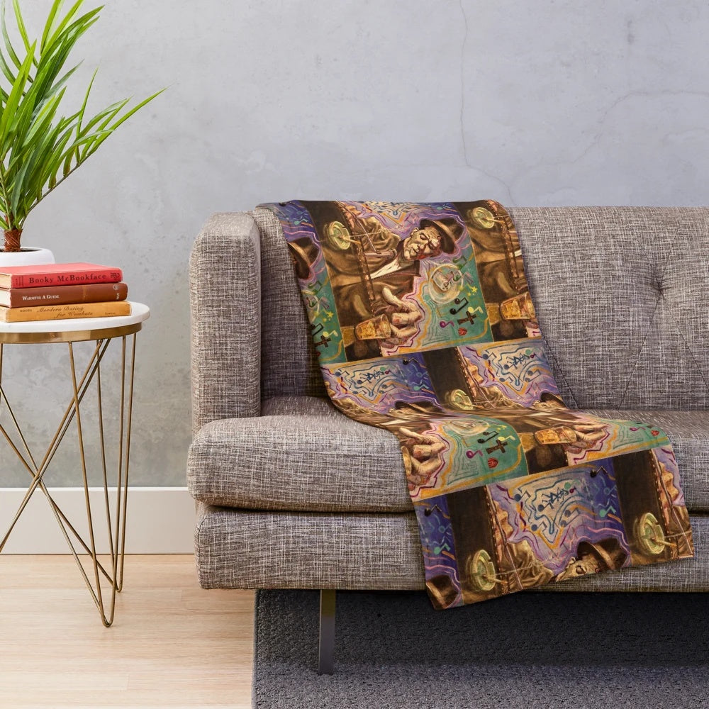 Tom Waits inspired plush blanket with musical notes and bullhorn design