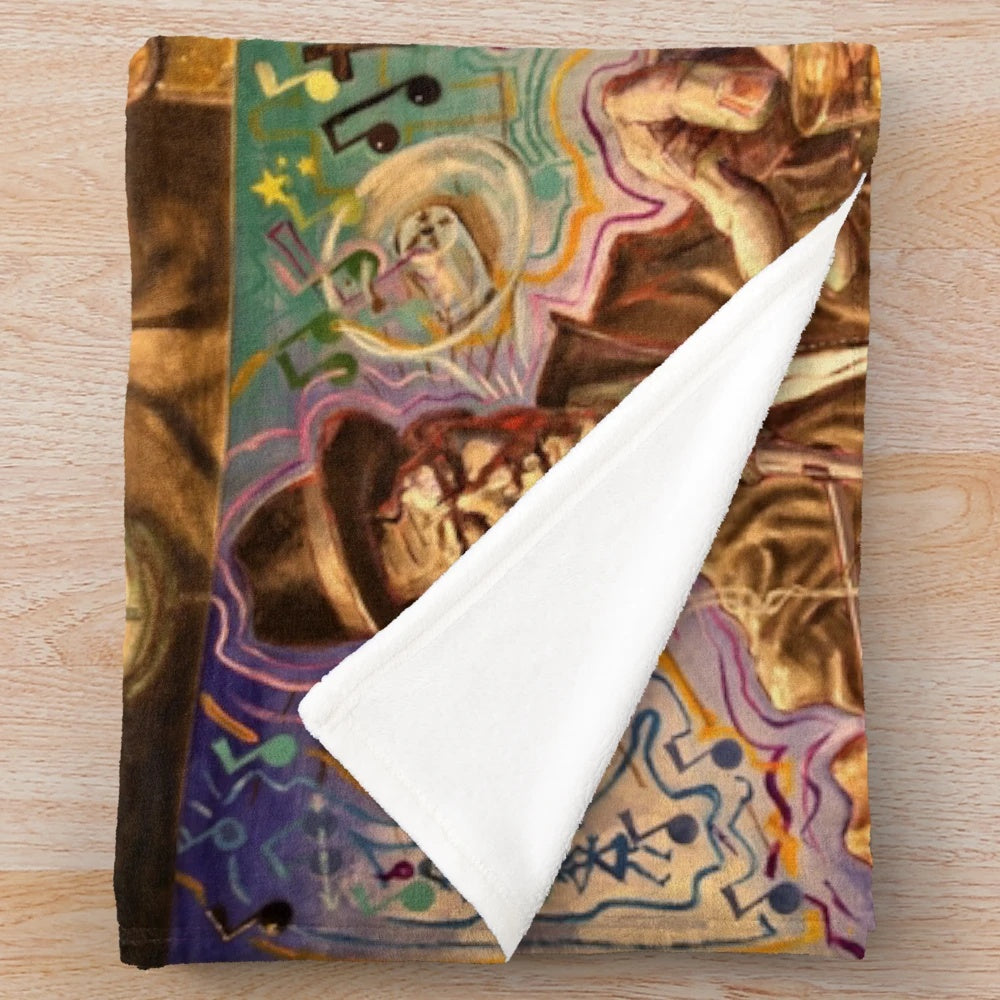 Tom Waits inspired plush blanket with musical notes and bullhorn design