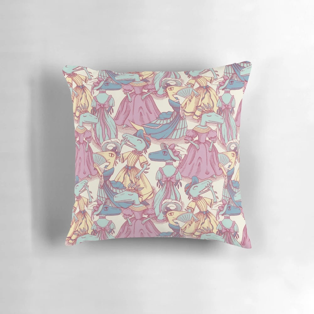 A decorative throw pillow featuring a Victorian-inspired fashion plate of a velociraptor in a pastel pink and blue pattern.