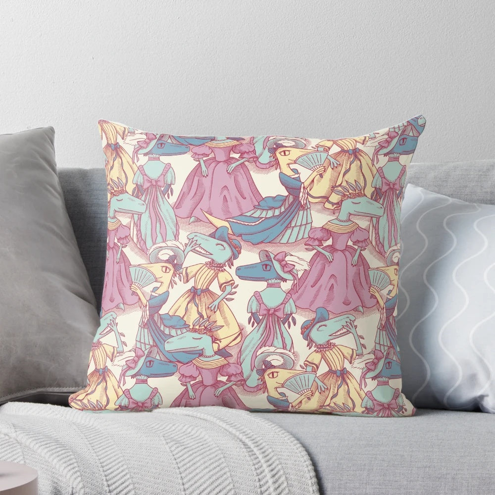 A decorative throw pillow featuring a Victorian-inspired fashion plate of a velociraptor in a pastel pink and blue pattern.