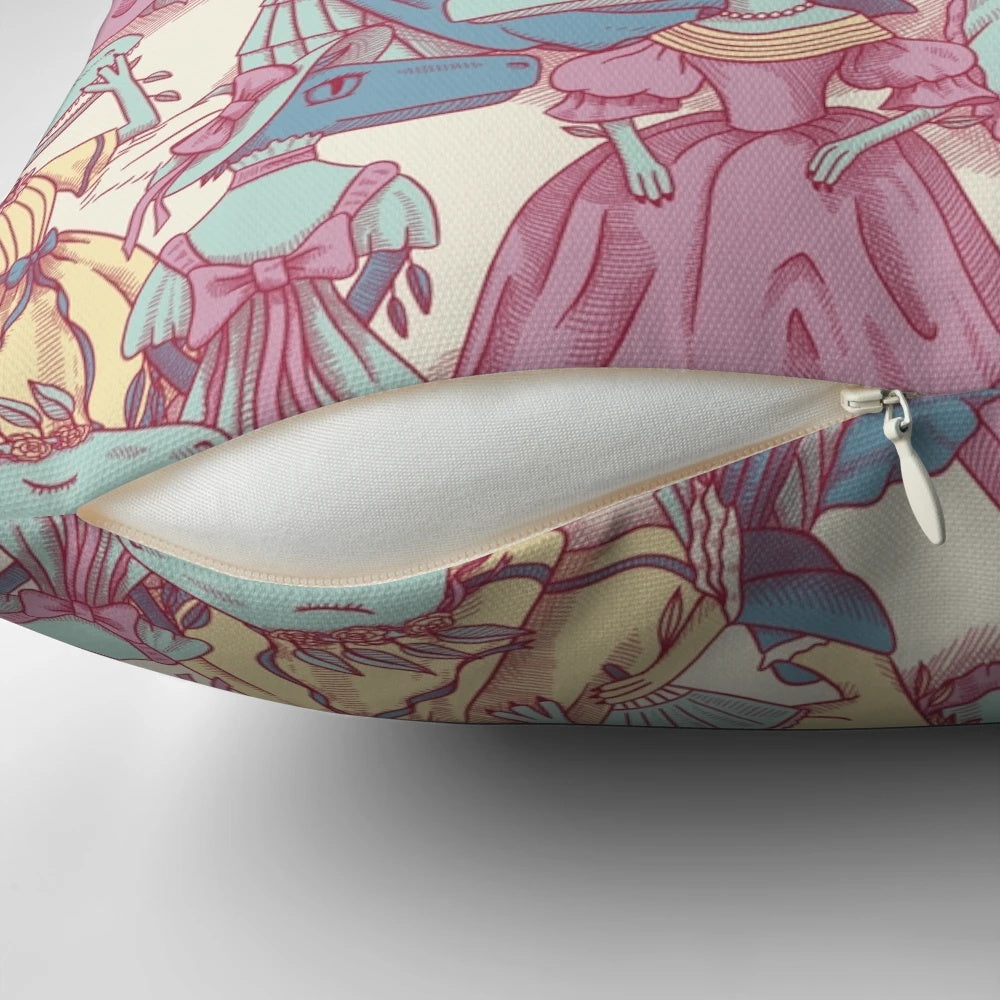 A decorative throw pillow featuring a Victorian-inspired fashion plate of a velociraptor in a pastel pink and blue pattern.