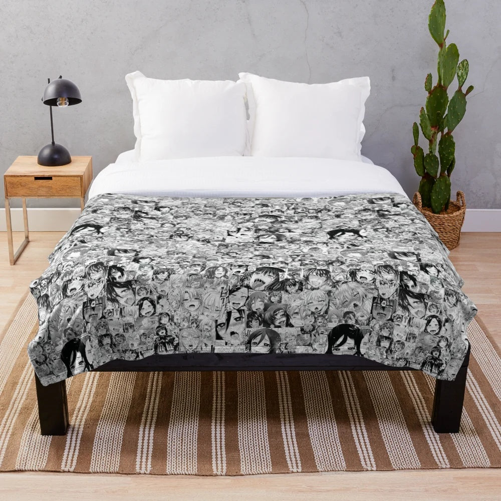 Plush blanket with a unique weird faces and ahegao pattern design