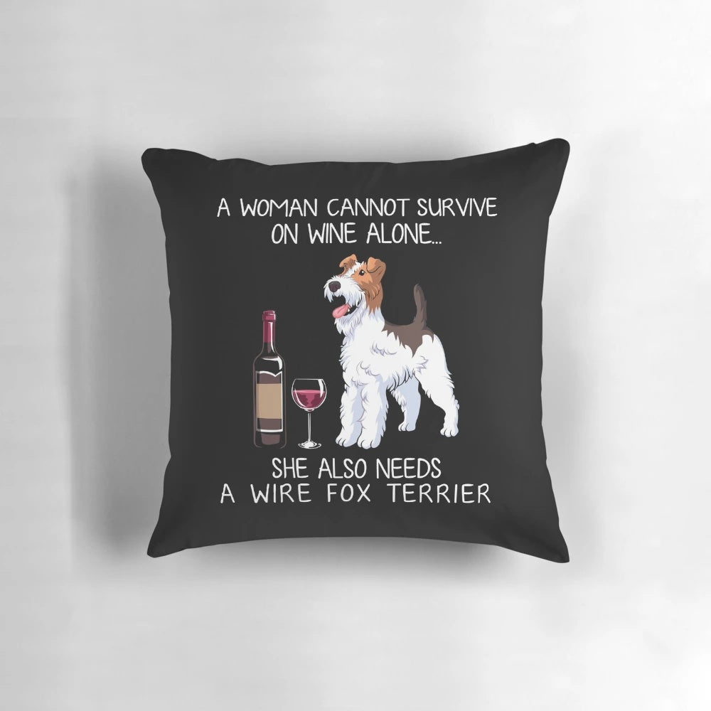 Decorative pillow featuring a wire fox terrier dog and wine glass design