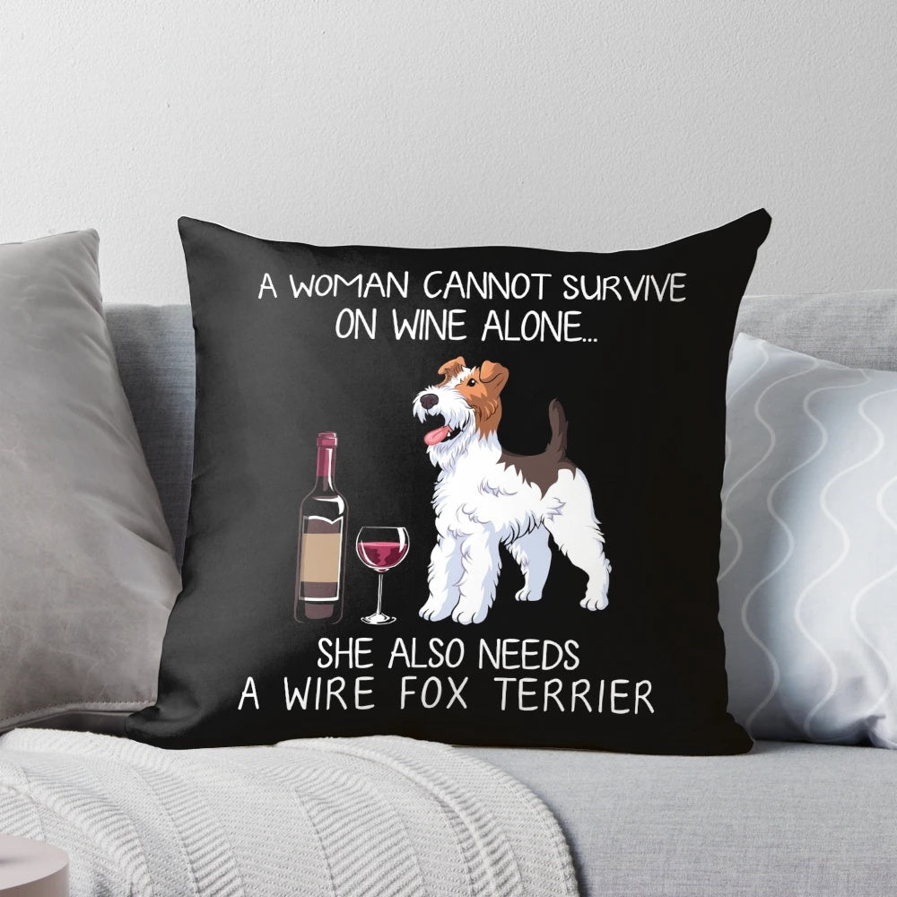 Decorative pillow featuring a wire fox terrier dog and wine glass design