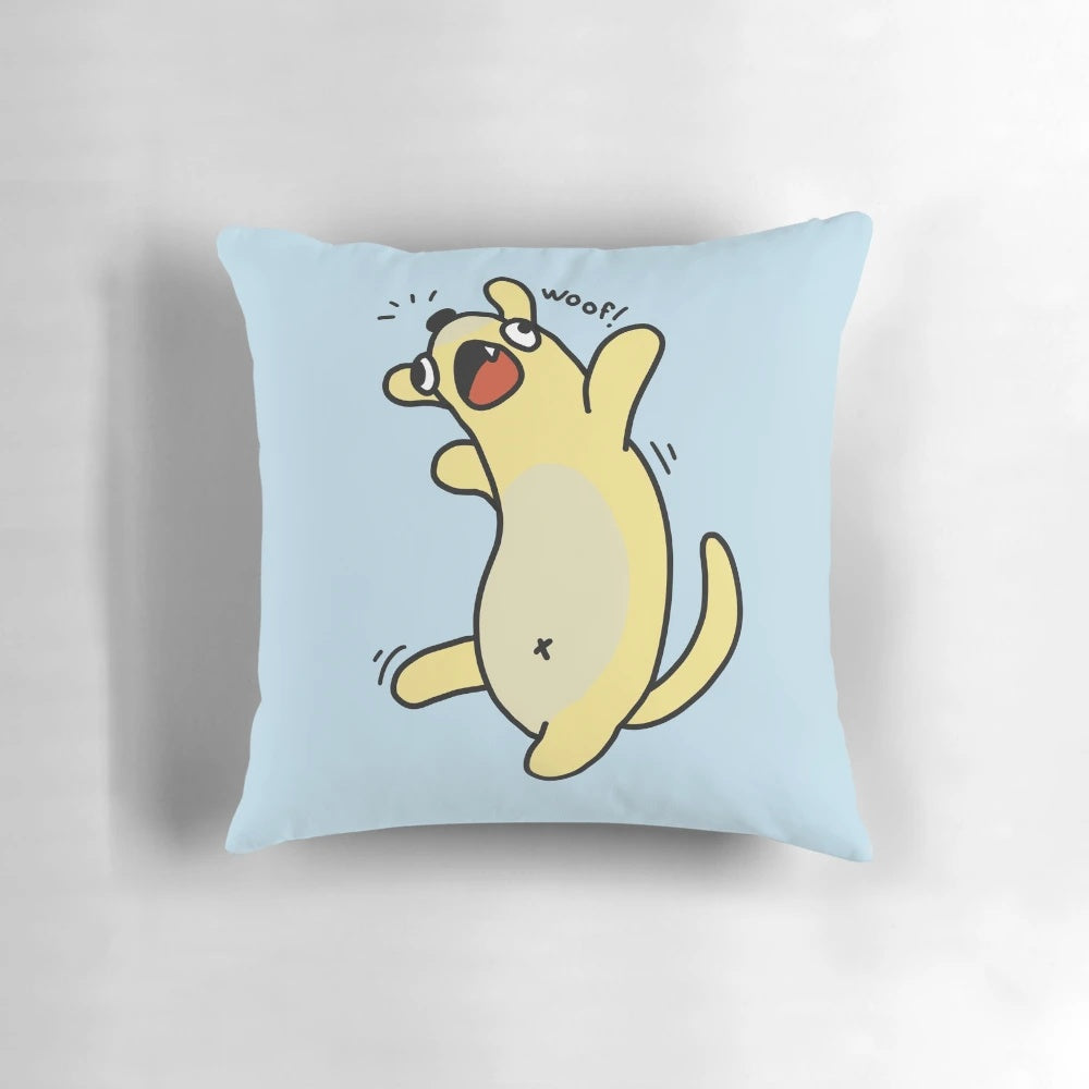 Unique "Woof!" dog-themed decorative pillow with a fun, quirky design