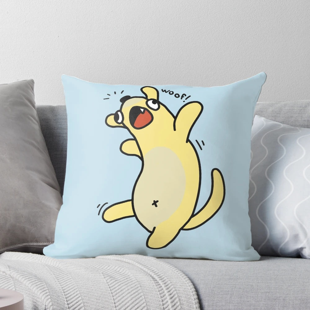 Unique "Woof!" dog-themed decorative pillow with a fun, quirky design