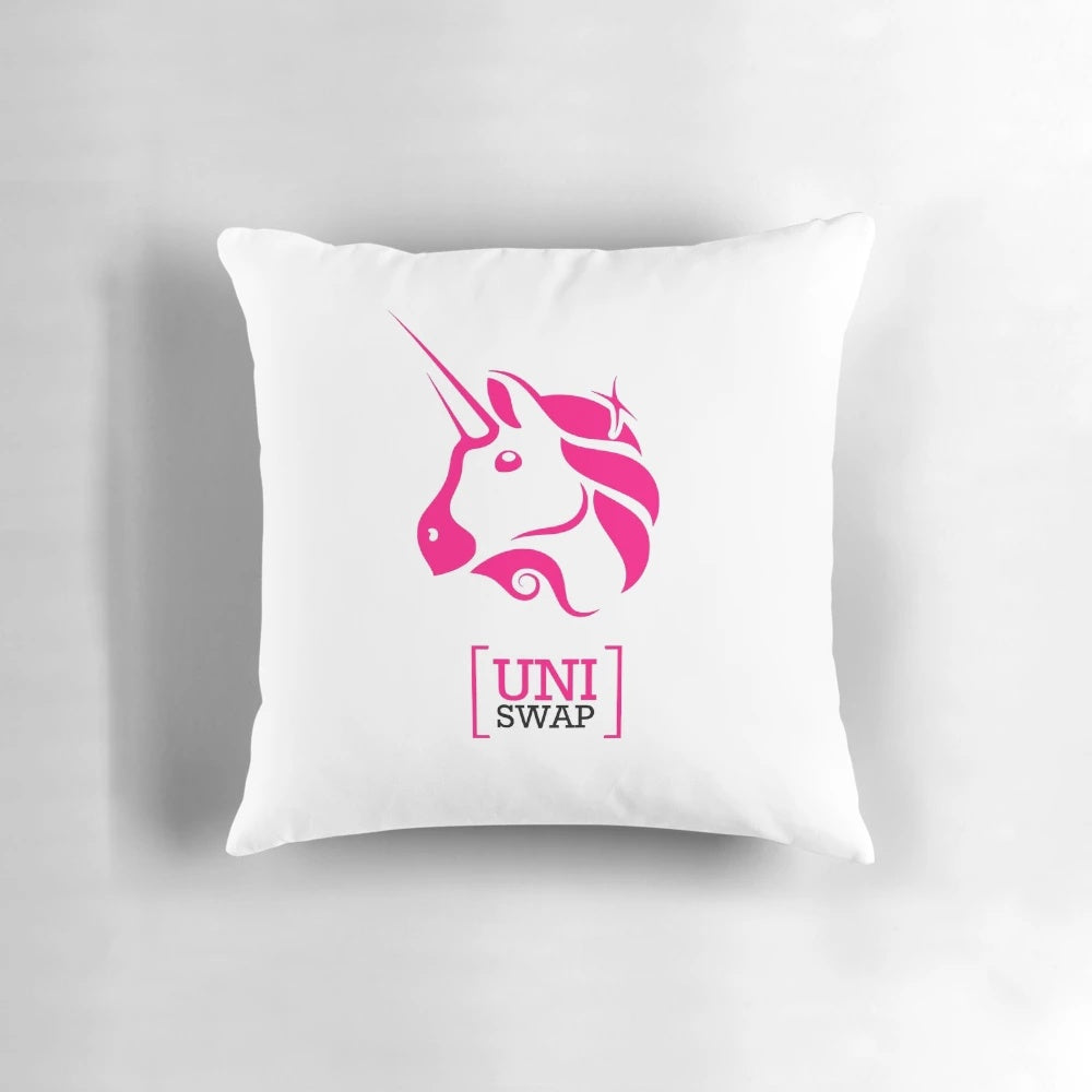 Soft, plush Uniswap cryptocurrency pillow with unicorn design