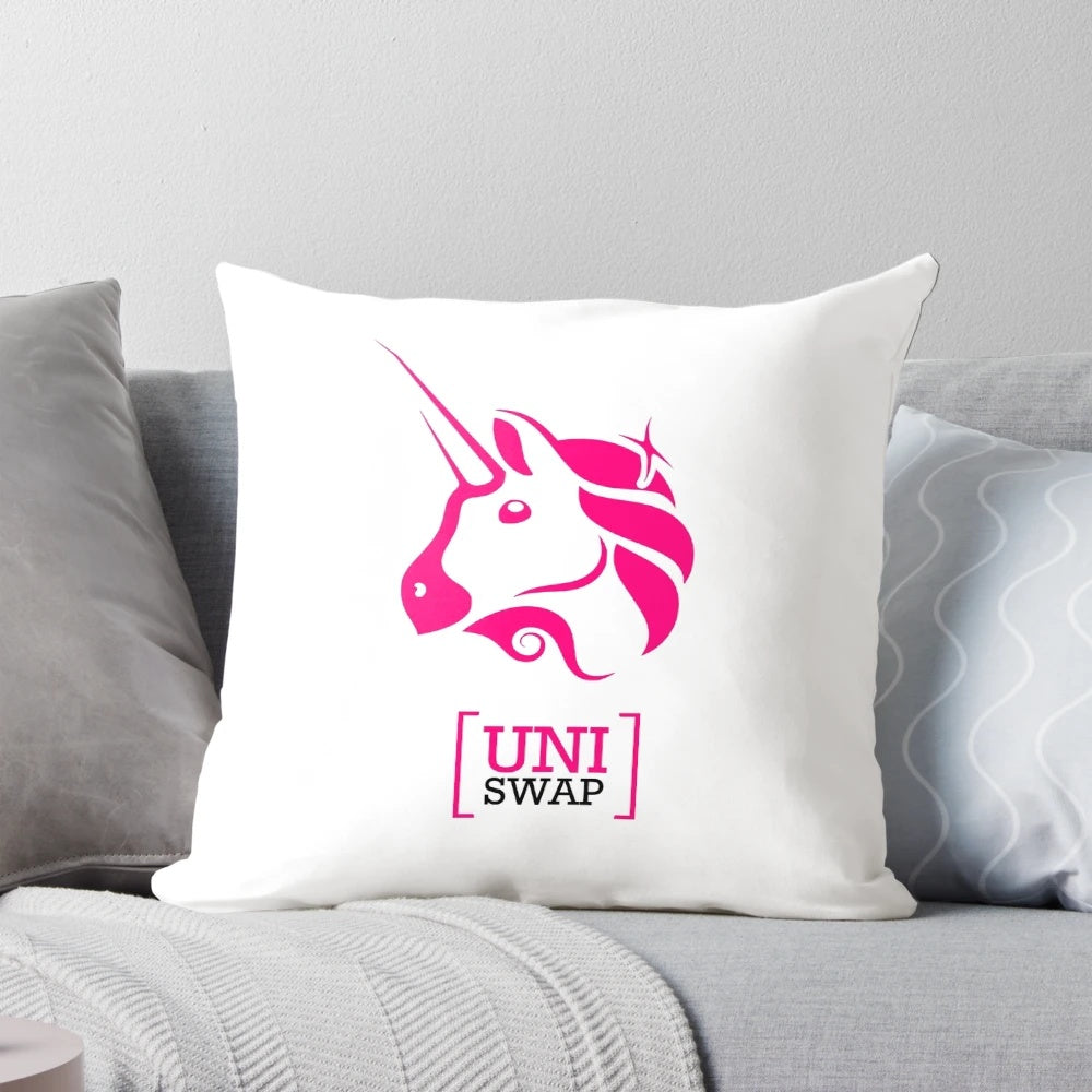 Soft, plush Uniswap cryptocurrency pillow with unicorn design