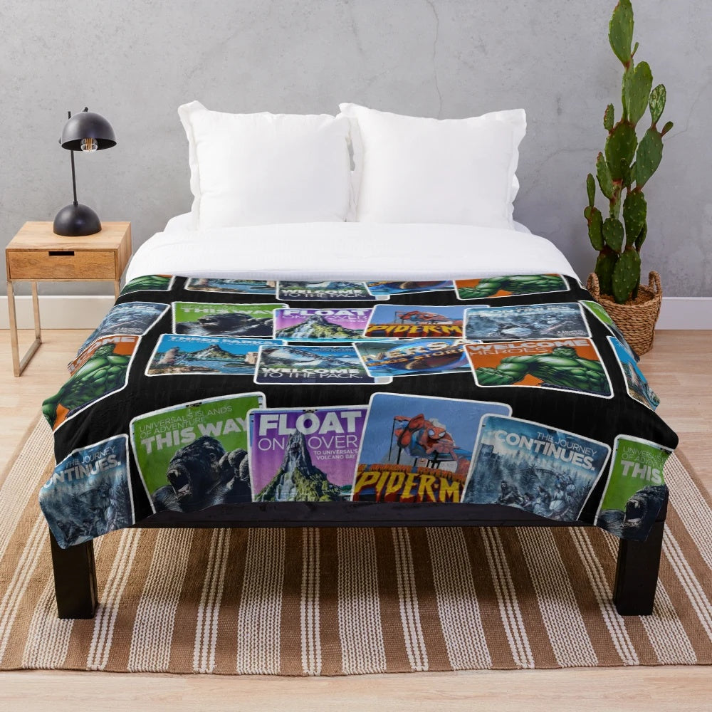 Universal Islands of Adventure-inspired plush blanket featuring a collage of iconic attractions