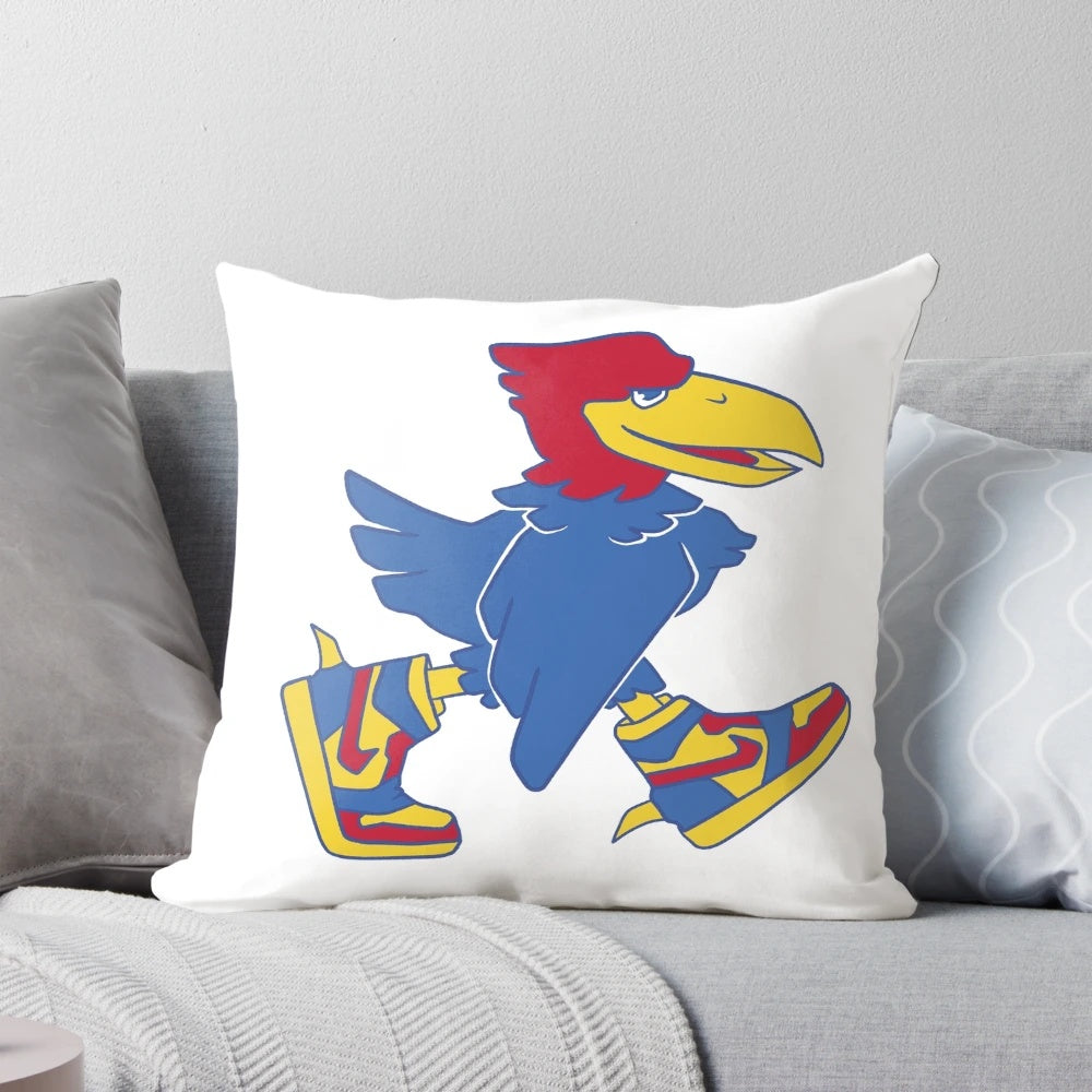 A Jayhawk wearing Jordan sneakers printed on a white pillow