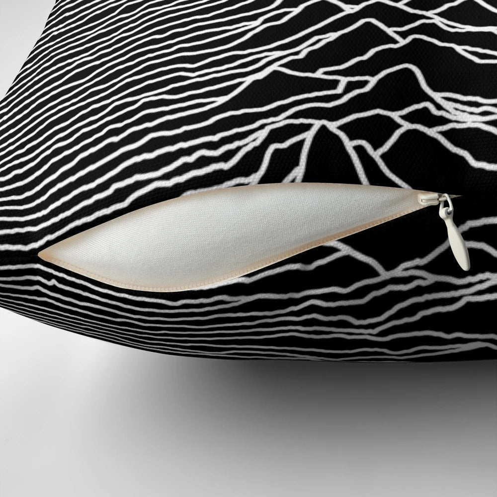 Pillow featuring the iconic album cover art for the 1979 album "Unknown Pleasures" by the alternative band