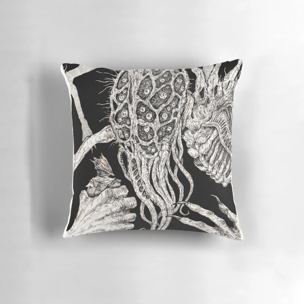 Amygdala-shaped pillow with a horror-inspired design