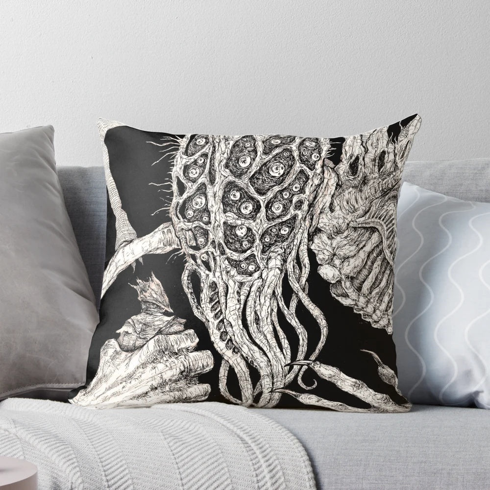 Amygdala-shaped pillow with a horror-inspired design