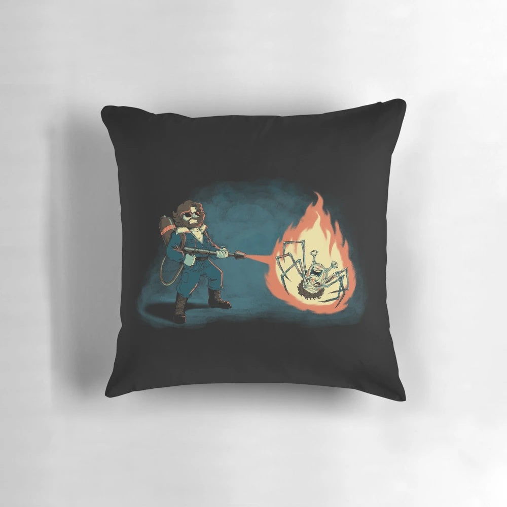 Close-up of the "KILL IT WITH FIRE" pillow featuring a design inspired by the cult classic movie "The Thing" by John Carpenter.