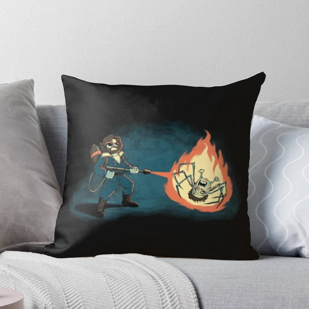 Close-up of the "KILL IT WITH FIRE" pillow featuring a design inspired by the cult classic movie "The Thing" by John Carpenter.