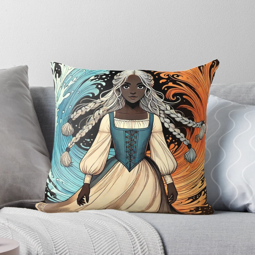 A fantasy-inspired pillow featuring a child with magical elemental powers, surrounded by stars and cosmic elements.