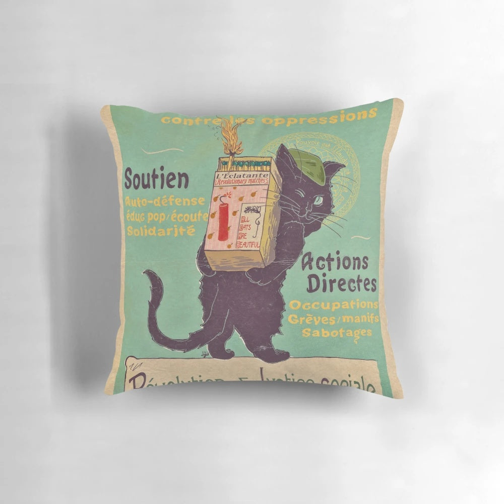 An art nouveau-style cat pillow with a revolutionary message of leftist and anarchist ideals.