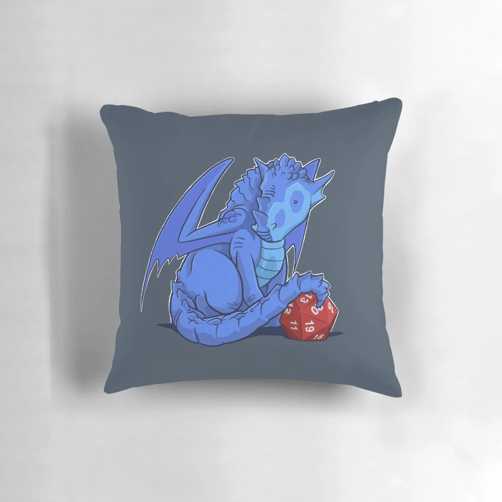 Plush blue dragon-themed D20 dice pillow for Dungeons & Dragons fans