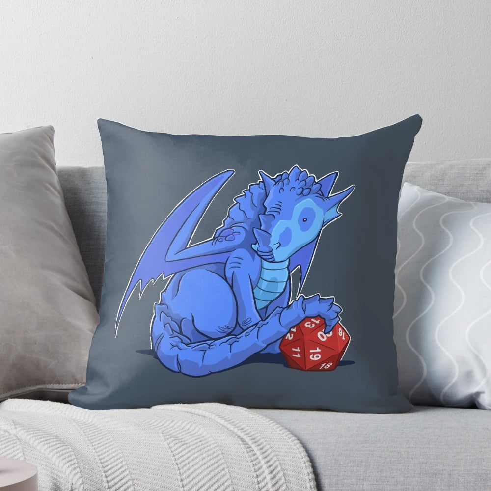 Plush blue dragon-themed D20 dice pillow for Dungeons & Dragons fans