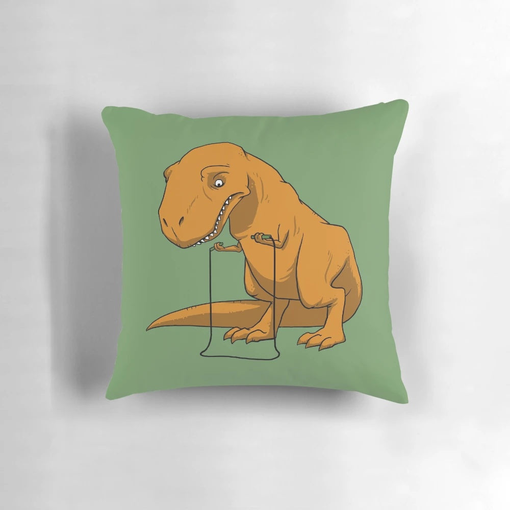 Foiled Again Pillow featuring a playful t-rex with tiny arms, perfect for dino-themed kids' decor and exercise.