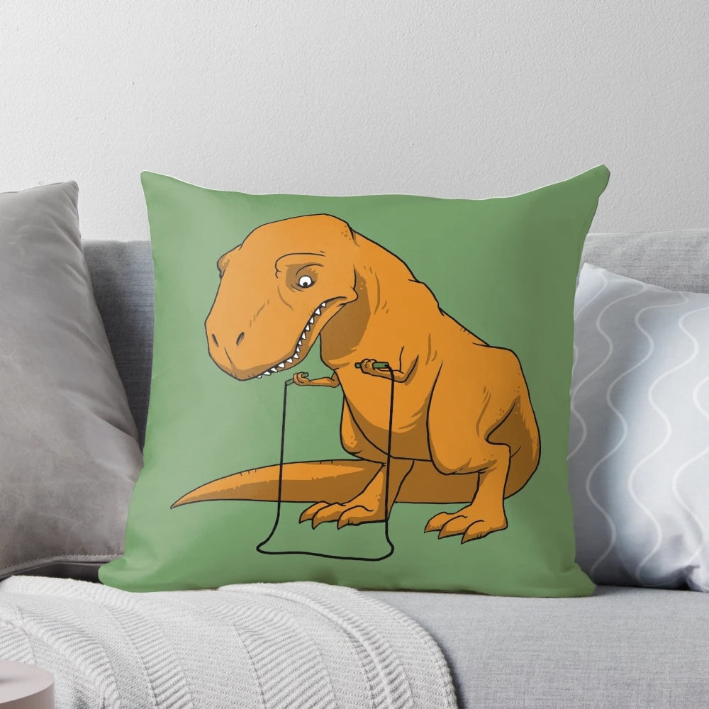 Foiled Again Pillow featuring a playful t-rex with tiny arms, perfect for dino-themed kids' decor and exercise.