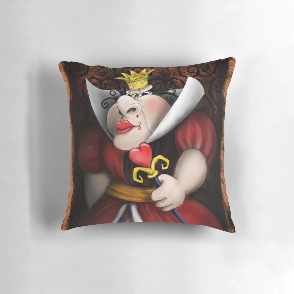 Vibrant digital illustration of the menacing Red Queen from Alice in Wonderland, commanding attention on a plush pillow design.