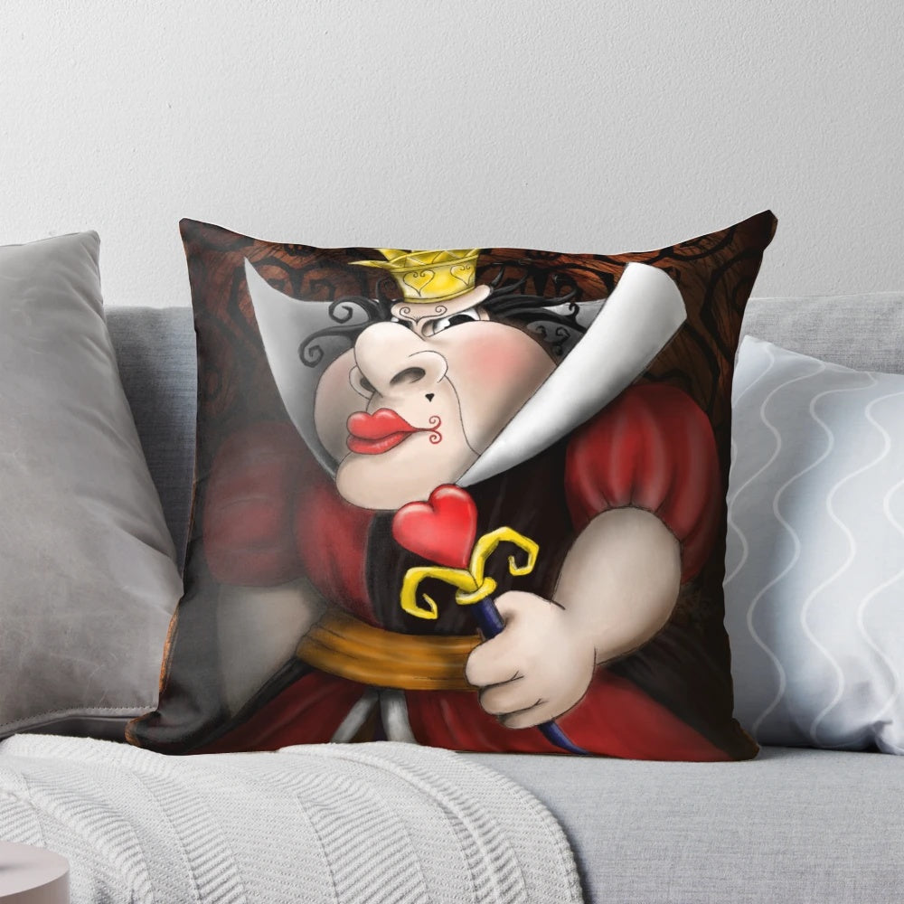 Vibrant digital illustration of the menacing Red Queen from Alice in Wonderland, commanding attention on a plush pillow design.