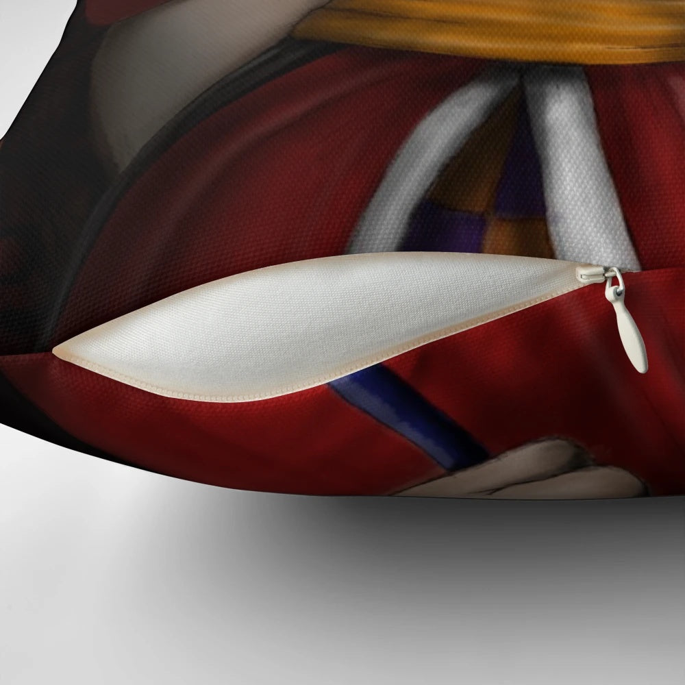 Vibrant digital illustration of the menacing Red Queen from Alice in Wonderland, commanding attention on a plush pillow design.