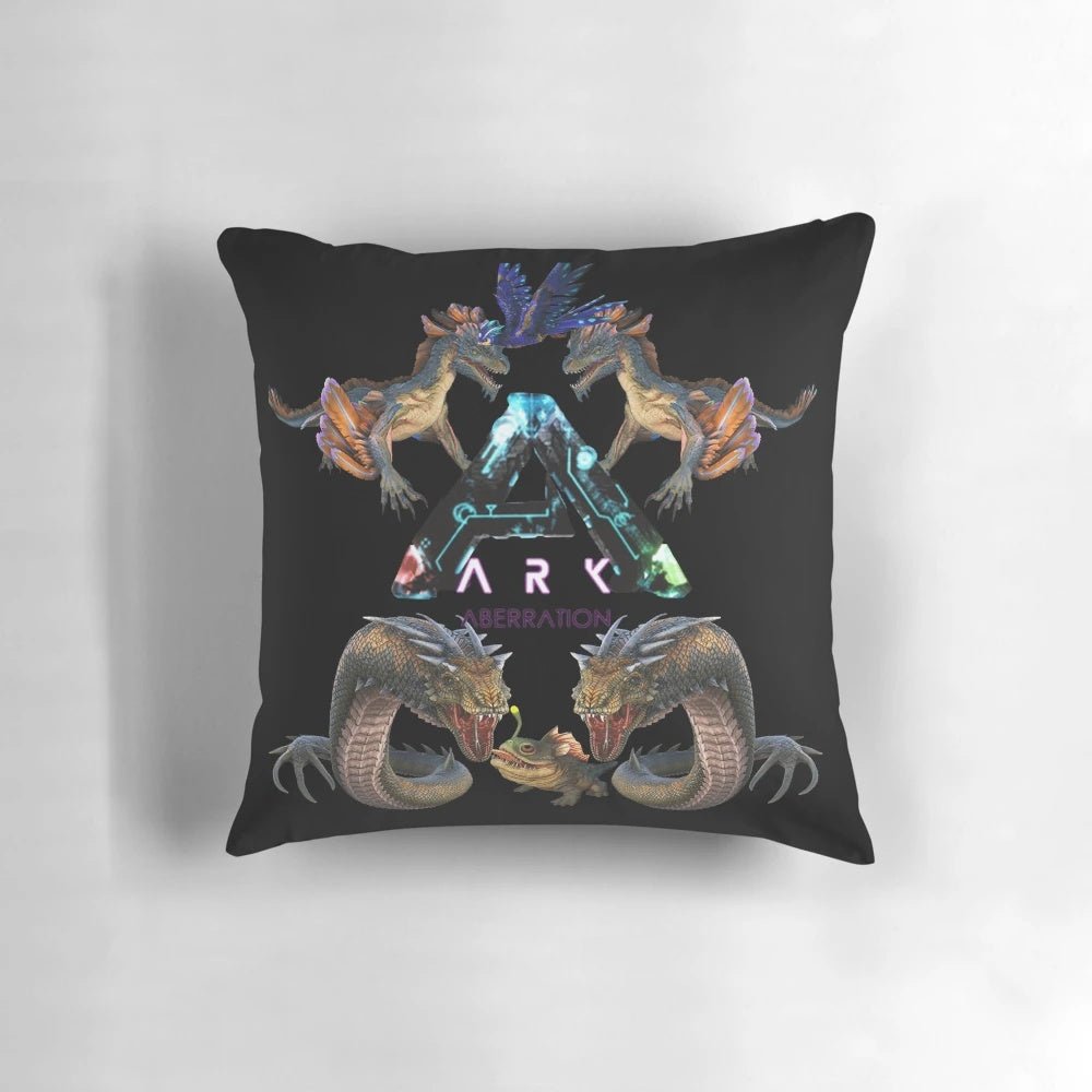 Ark Survival Evolved Aberration-themed pillow featuring dinosaurs and gaming elements