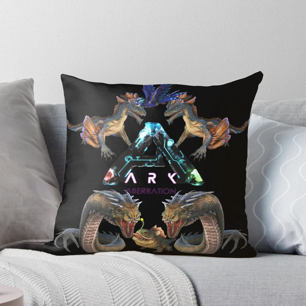 Ark Survival Evolved Aberration-themed pillow featuring dinosaurs and gaming elements