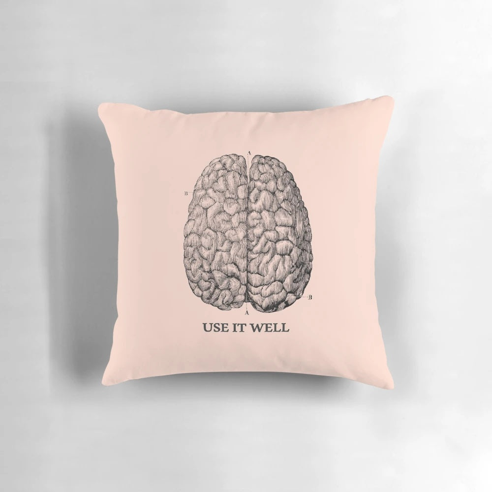 Brain-shaped pillow with intricate engraving, designed to stimulate the mind.