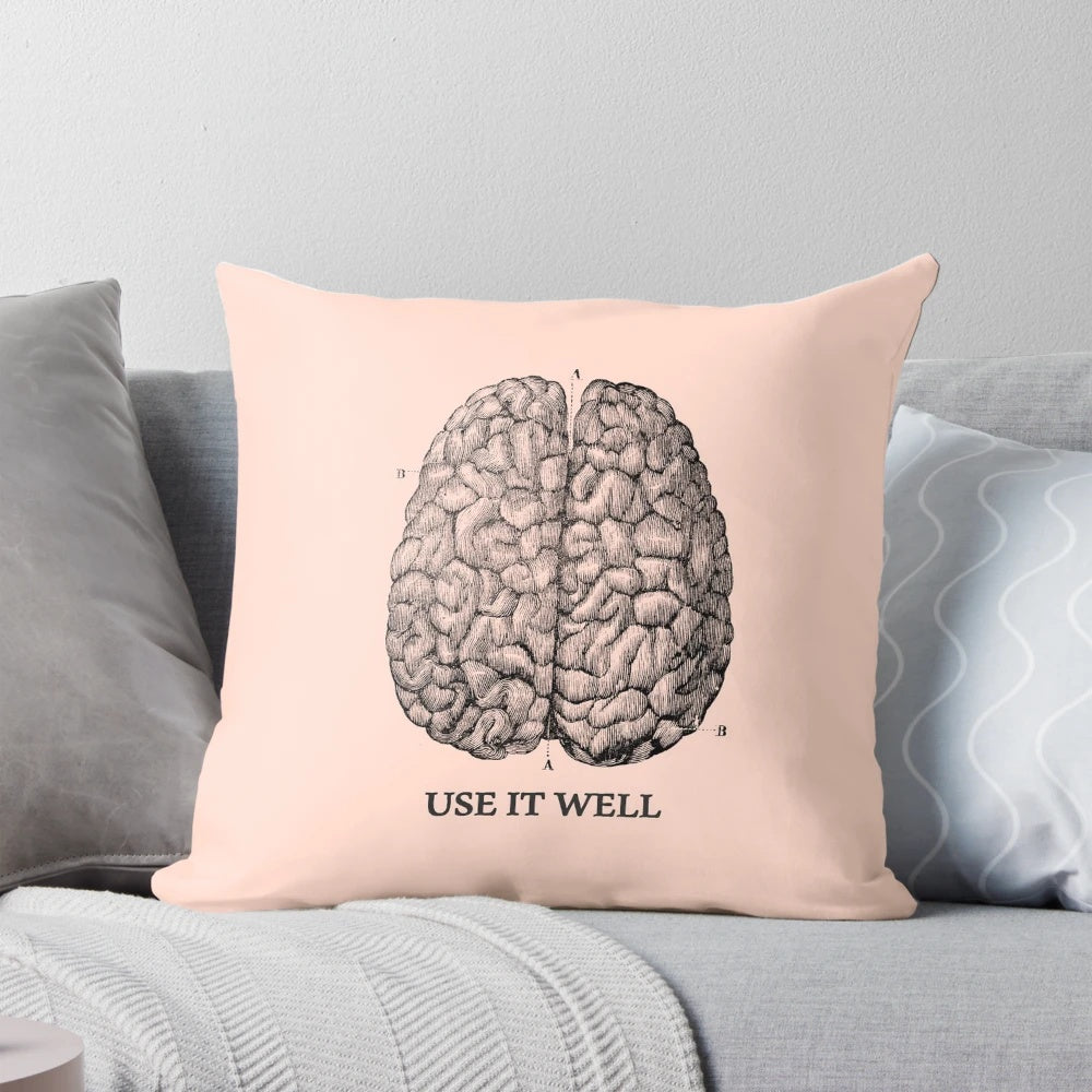 Brain-shaped pillow with intricate engraving, designed to stimulate the mind.