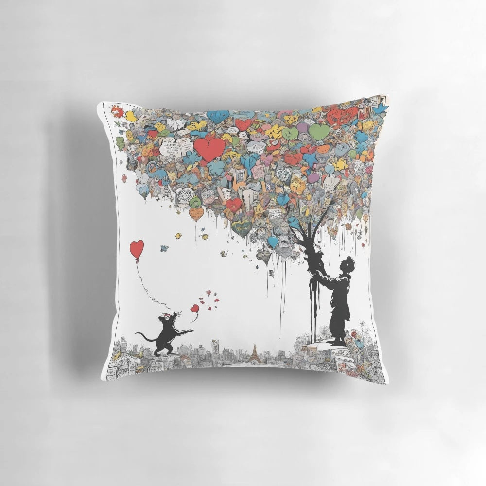 A vibrant street art inspired pillow featuring bold brushstrokes and contemporary design.